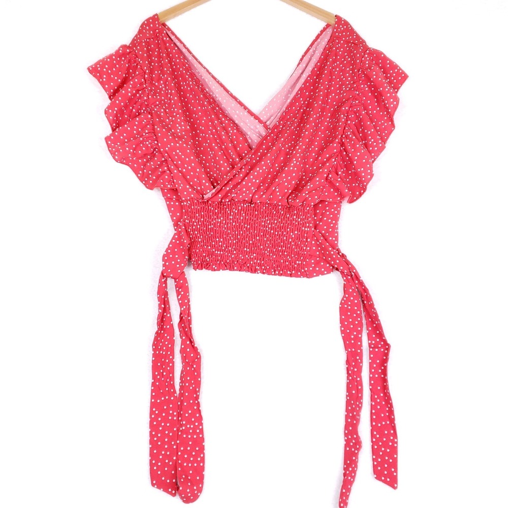 SHEIN Curve Wrap Top‎ Polka Dot Ruffle V Neck Smocked Waist 1XL Red Tomato Girl